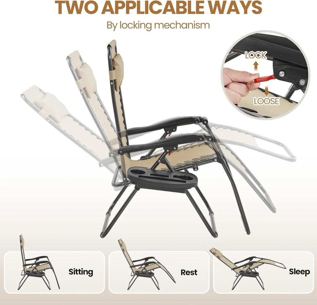 Ensemble de 3 chaises inclinables portables d'extérieur à gravité zéro avec table d'appoint et chaises longues pliantes