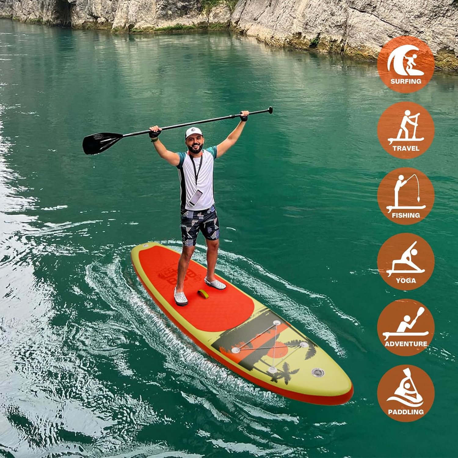 Planche de stand up paddle gonflable FunWater avec accessoires de pagaie SUP haut de gamme, pont EVA antidérapant, pagaie 11'/10'6'