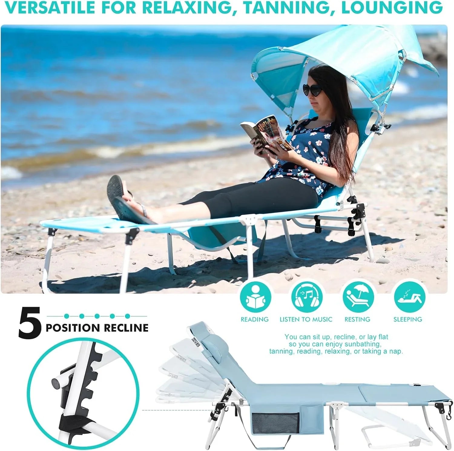 Chaise longue pliante robuste avec parasol, inclinable 5 positions, pour adultes