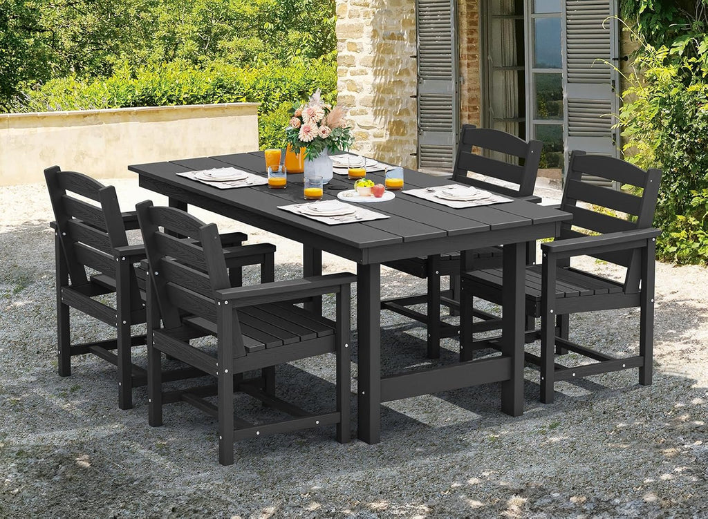 Ensemble de salle à manger d'extérieur en PEHD, 7 pièces, avec table découpée pour parasol et 6 chaises