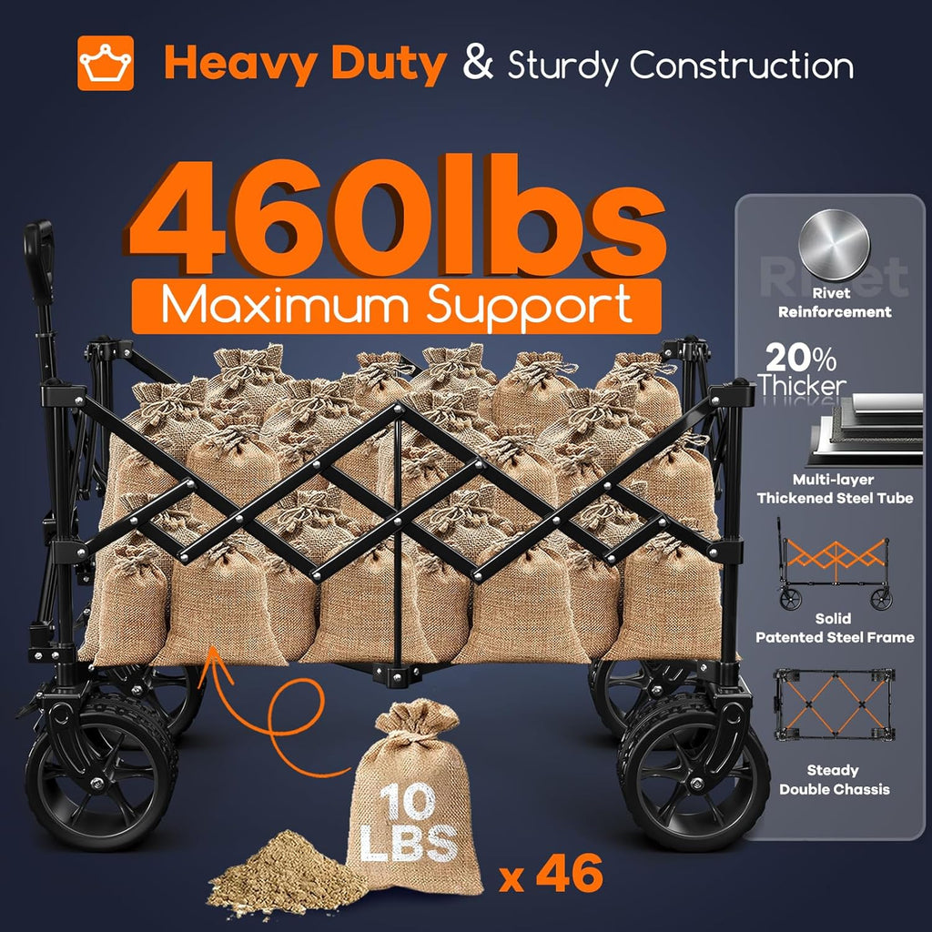 Poussette pliable à quatre roues de 96 cm de long, pliable, capacité de 200 kg, poussette de plage pliable robuste de 220 litres avec de grands pneus tout-terrain