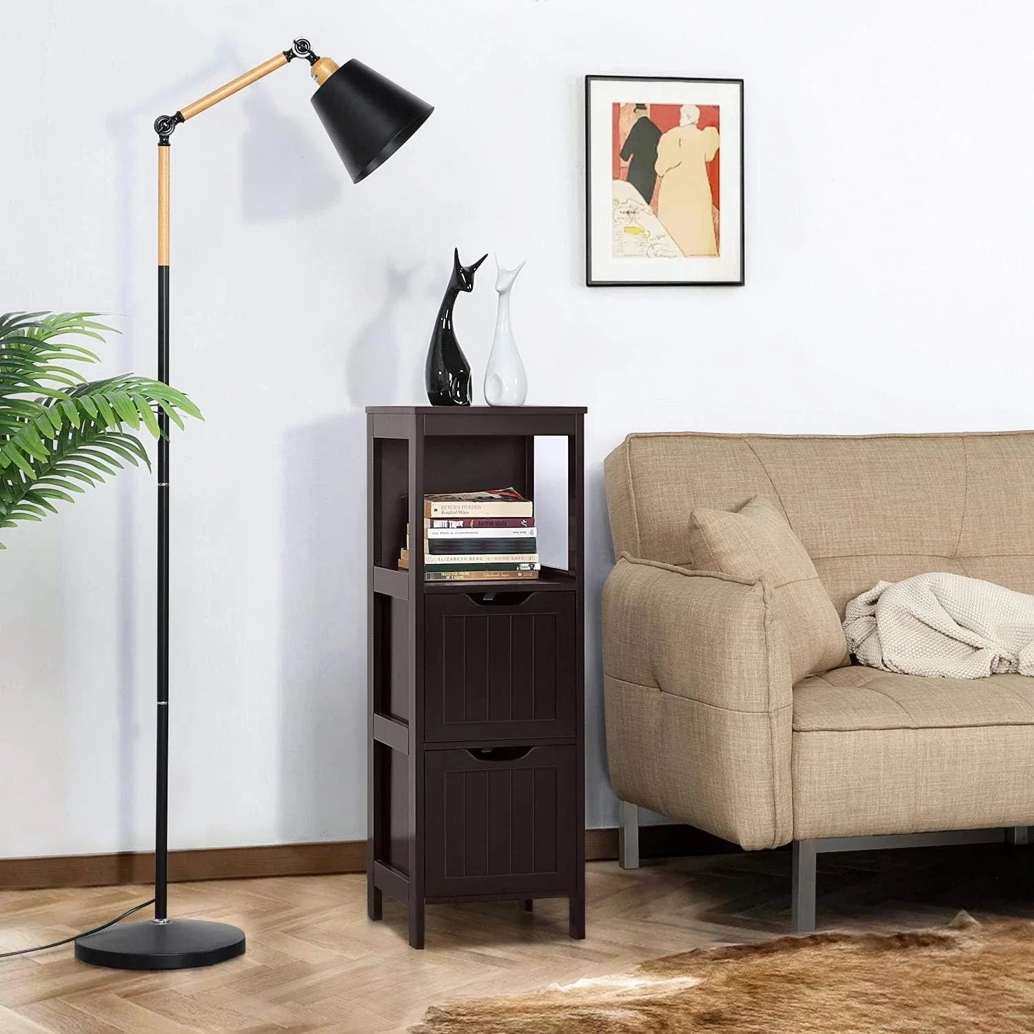 Meuble de salle de bain au sol, meuble de rangement en bois avec 2 tiroirs, support de rangement latéral multifonctionnel