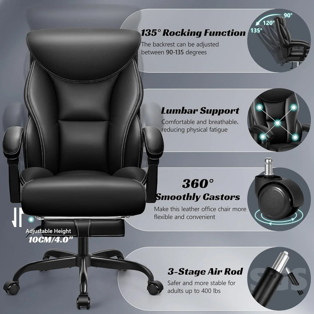 Chaise de bureau pivotante à pieds hauts, en cuir respirant, avec support lombaire