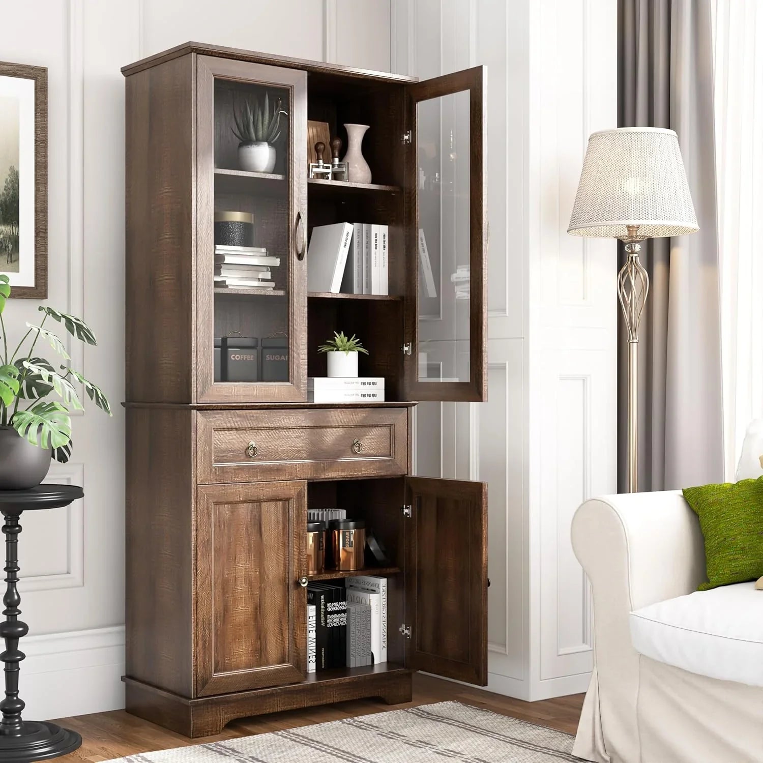 Armoire de garde-manger de 180 cm de haut avec portes vitrées