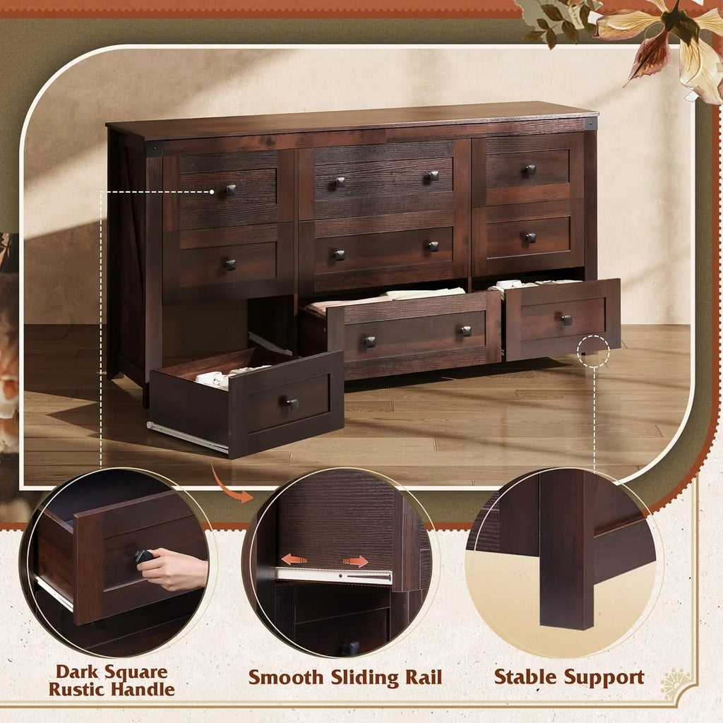 Commode LED à 9 tiroirs pour chambre à coucher, 148 cm de large, organiseur de rangement en bois avec prise électrique