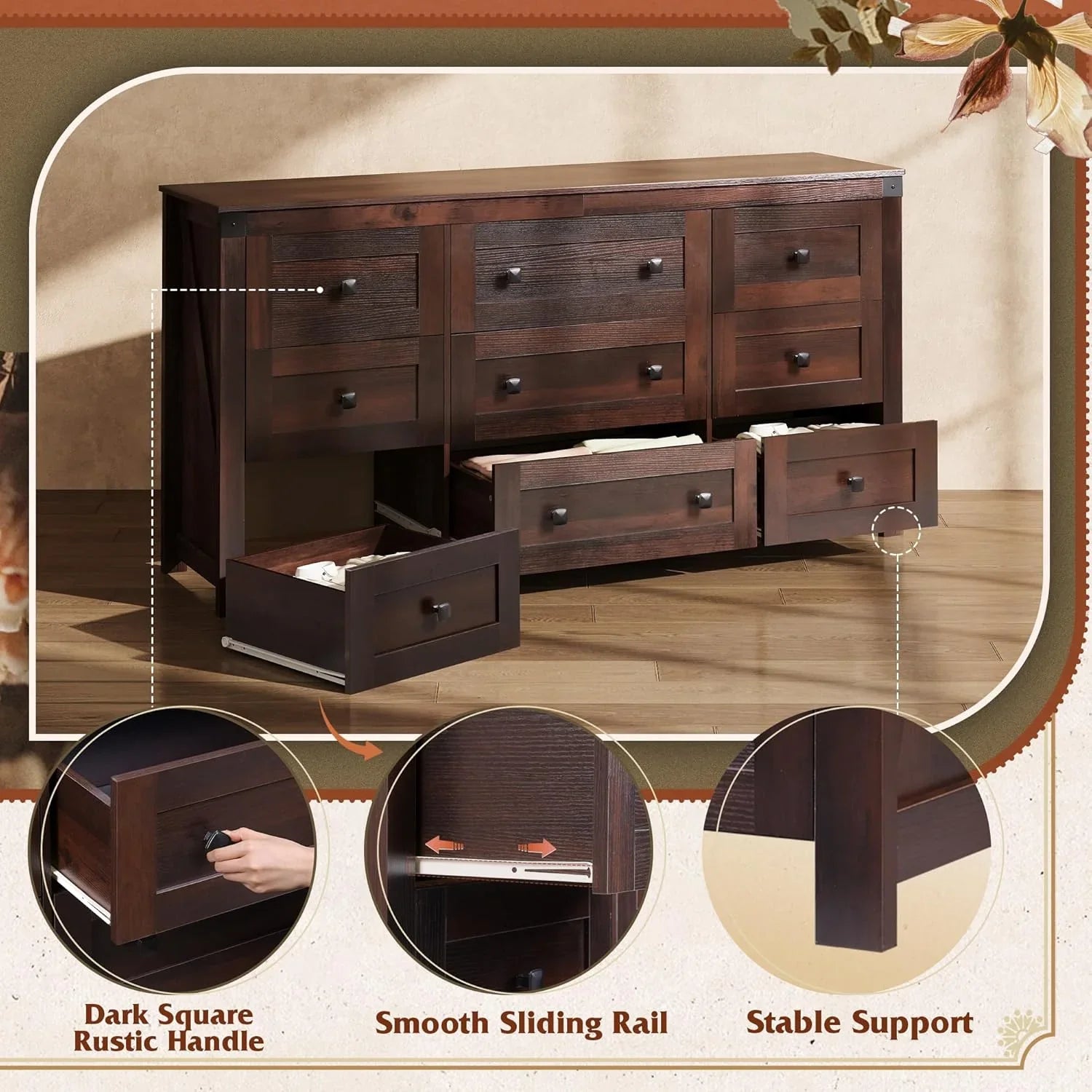 Commode LED à 9 tiroirs pour chambre à coucher, 148 cm de large, organiseur de rangement en bois avec prise électrique