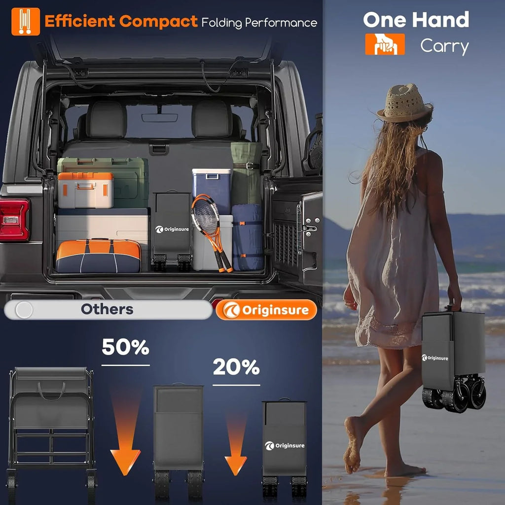 Poussette pliable à quatre roues de 96 cm de long, pliable, capacité de 200 kg, poussette de plage pliable robuste de 220 litres avec de grands pneus tout-terrain