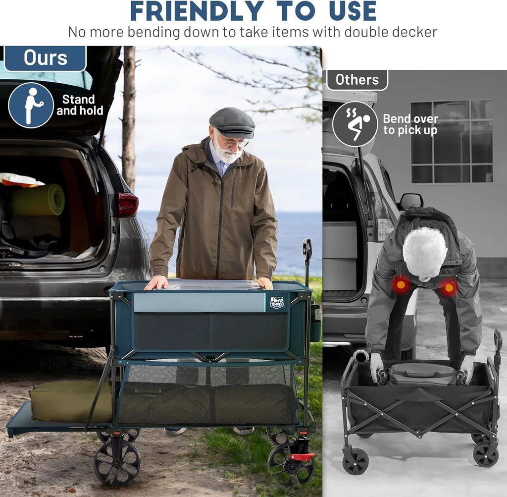 Chariot pliable à deux étages de grande capacité de 400 L avec freins, chariot extra-long de 54 pouces, chariot pliable robuste de 450 livres