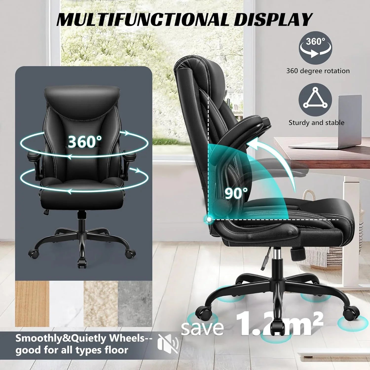 Chaise de bureau pivotante à pieds hauts, en cuir respirant, avec support lombaire