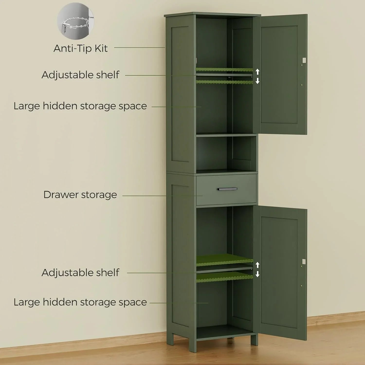 Meuble de rangement de salle de bain Homhedy de 67 po de hauteur avec 2 portes de grange et 1 tiroir
