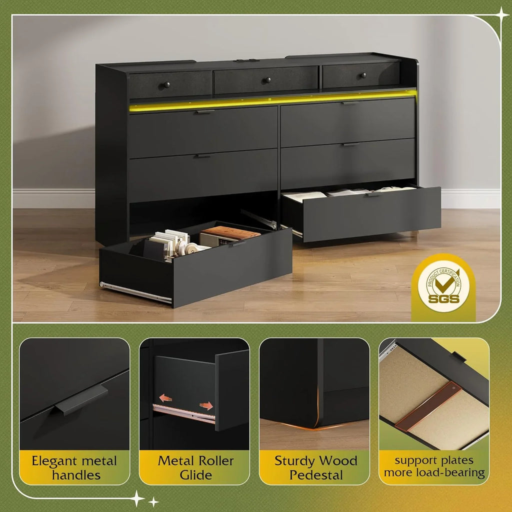 Commode LED à 9 tiroirs pour chambre à coucher, 148 cm de large, organiseur de rangement en bois avec prise électrique