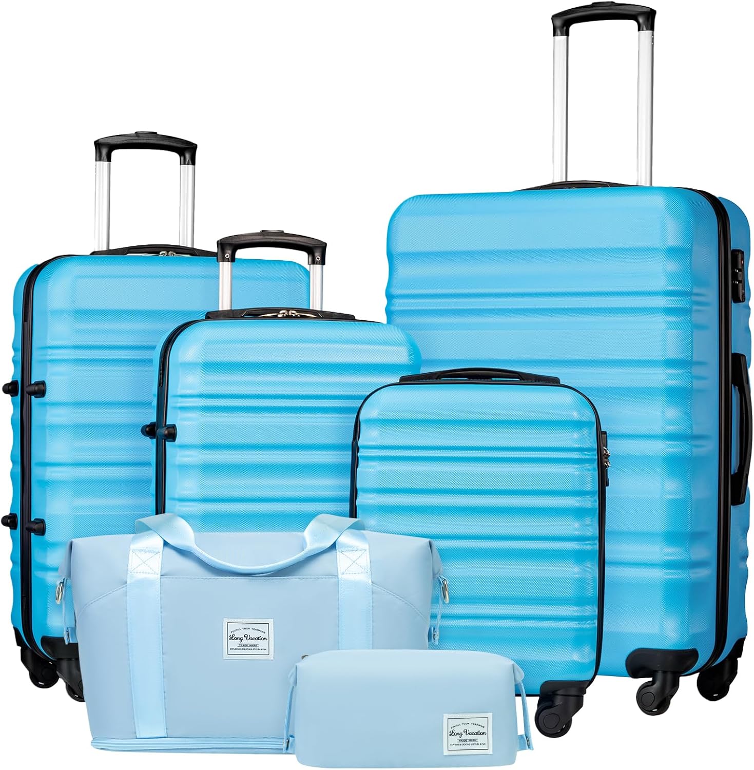 Ensemble de bagages LONG VACANCES 6 pièces : valise cabine rigide en ABS et PC, roulettes pivotantes et fermeture éclair YKK, cadenas TSA