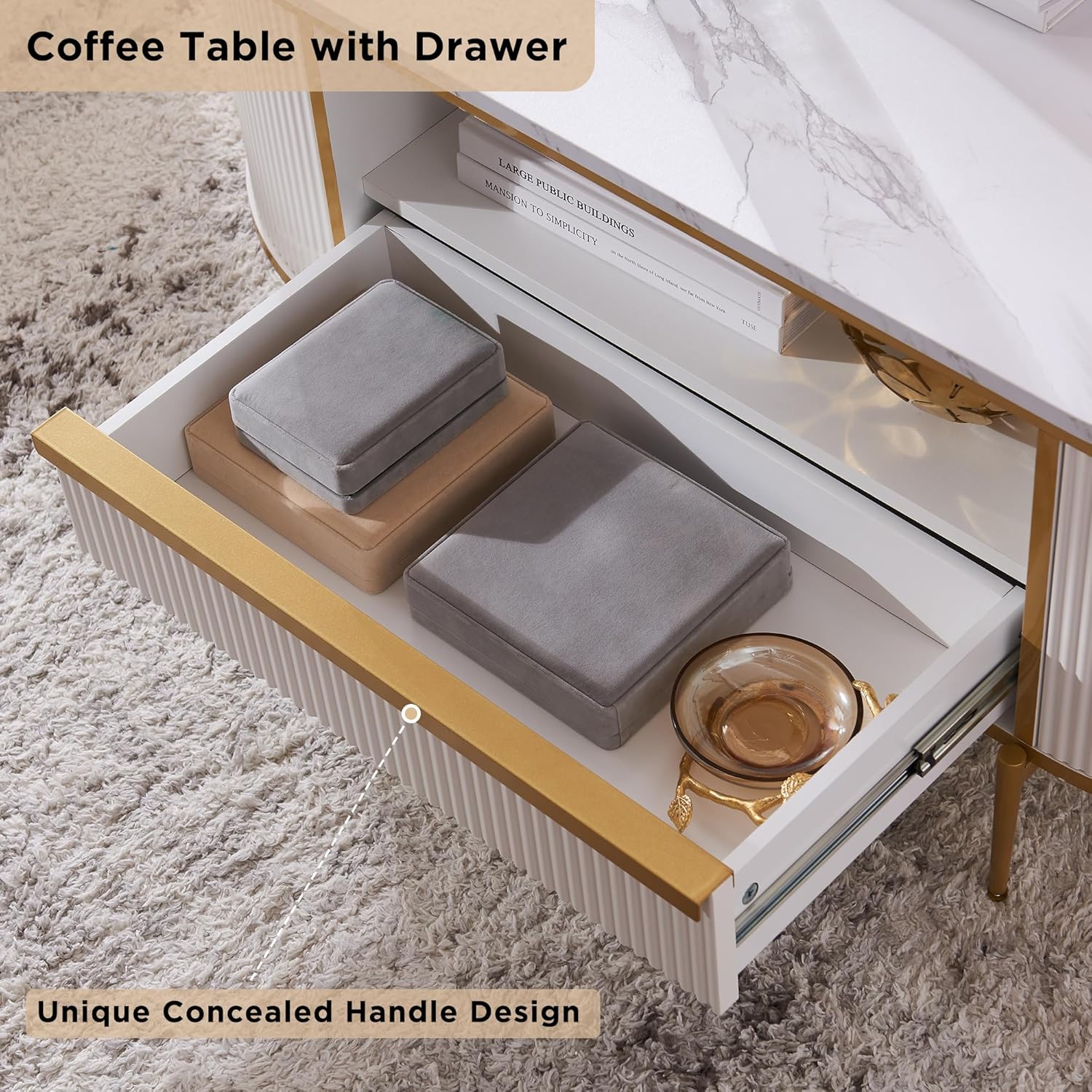 Table basse ovale de luxe moderne rainurée OKD, 48 pouces, avec tiroirs, plateau en imitation marbre