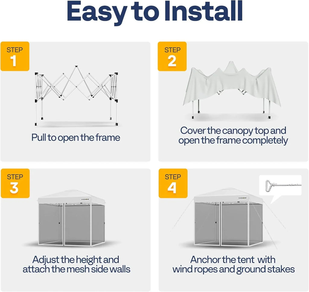 Auvent escamotable facile à monter de 10 x 10 pieds, tente moustiquaire d'extérieur avec moustiquaire, 2 portes à glissière et sac à roulettes