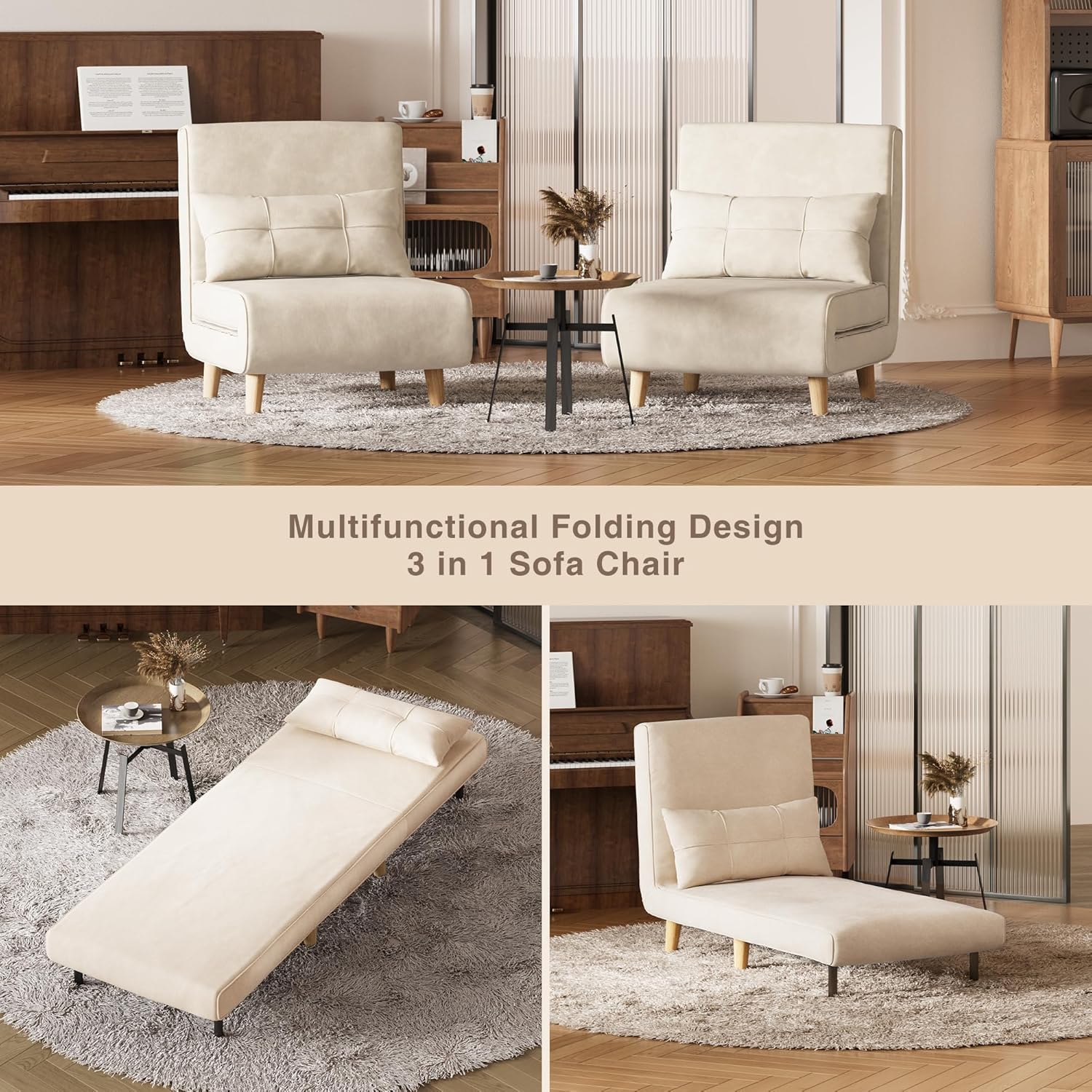 Fauteuil-lit 3 en 1, canapé-lit futon convertible avec dossier réglable