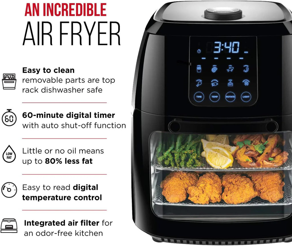 Chefman compacte digitale heteluchtfriteuse van 6,3 liter met draaispit, dehydrator en heteluchtoven, 8 aanraakgevoelige voorinstellingen. 