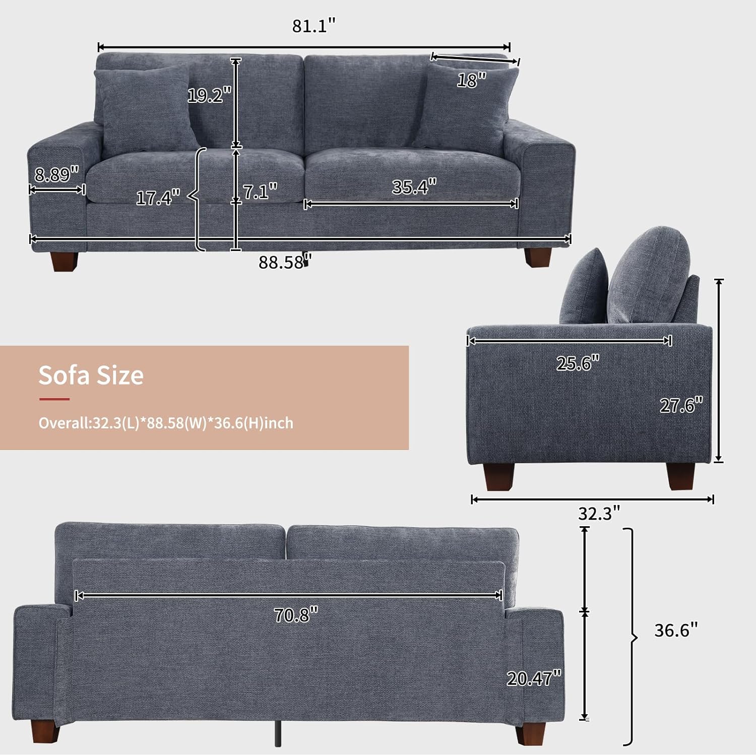 Canapé double de salon DOPEDIO, fauteuil en chenille, amovible, structure en bois massif