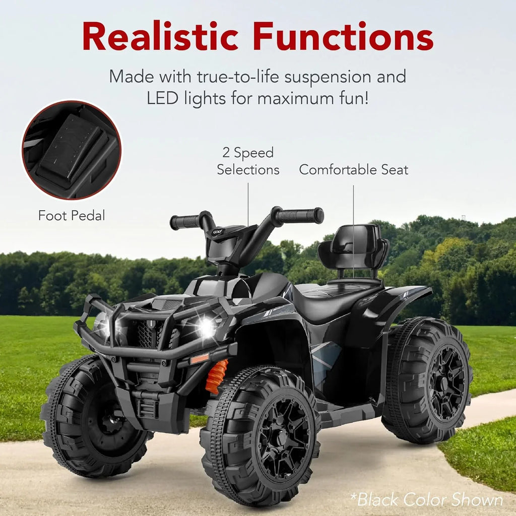 Véhicule tout-terrain électrique 12 V pour enfants, quad à 4 roues avec audio Bluetooth, vitesse maximale de 2,4 mph, pneus à crampons, phares à LED et radio.