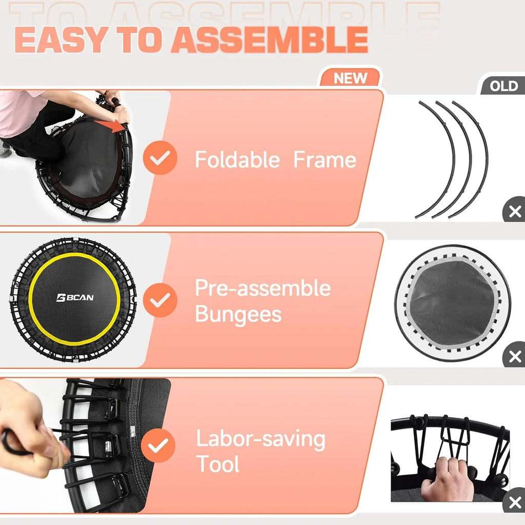 Mini-trampoline pliable BCAN 450/550 lb, trampoline de fitness 40"/48" stable et silencieux
