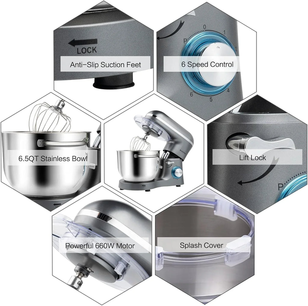 Batteur sur socle Aucma, 6,5 pintes, 660 W, 6 vitesses, tête inclinable, batteur électrique de cuisine avec crochet pétrisseur