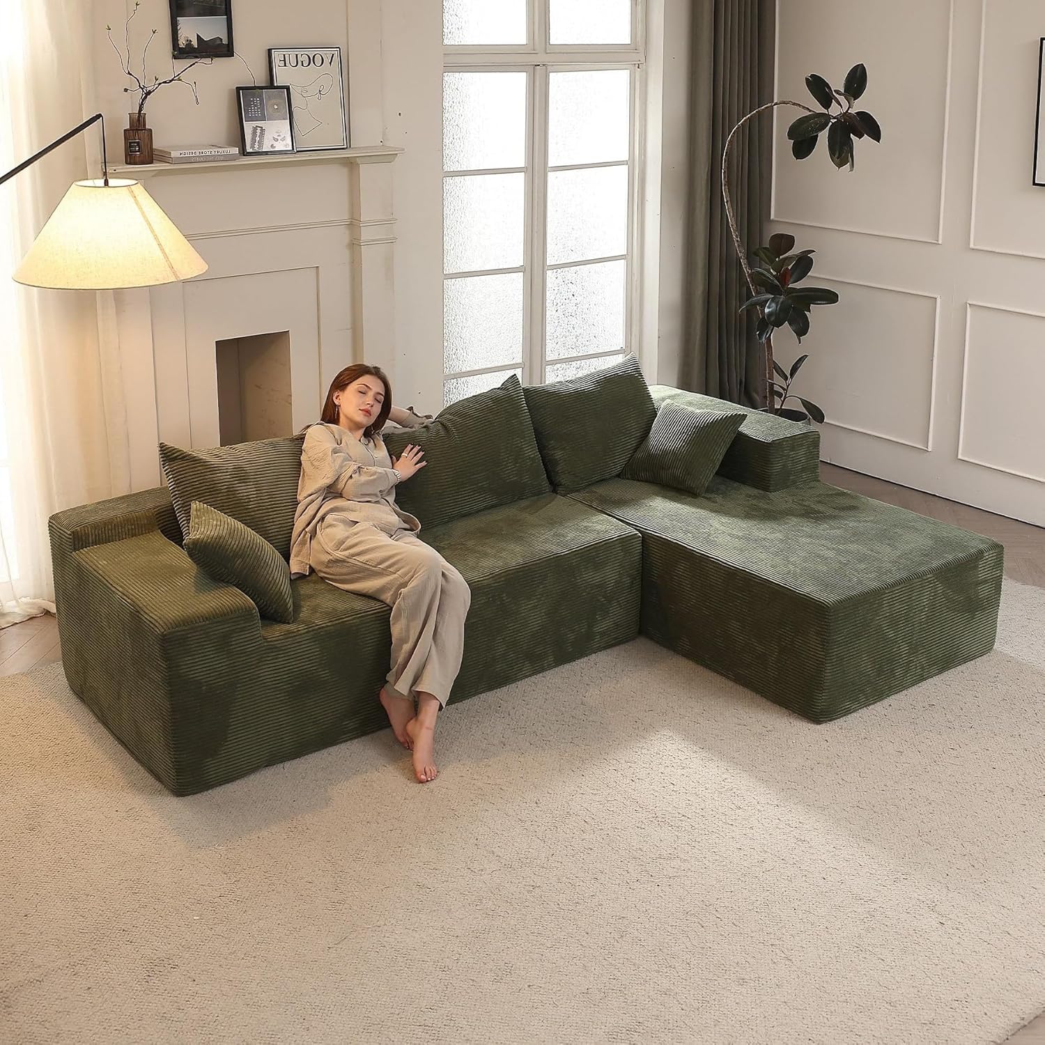 Cloud sofa with L-shaped lounge chair, modern modular sofa with deep seats