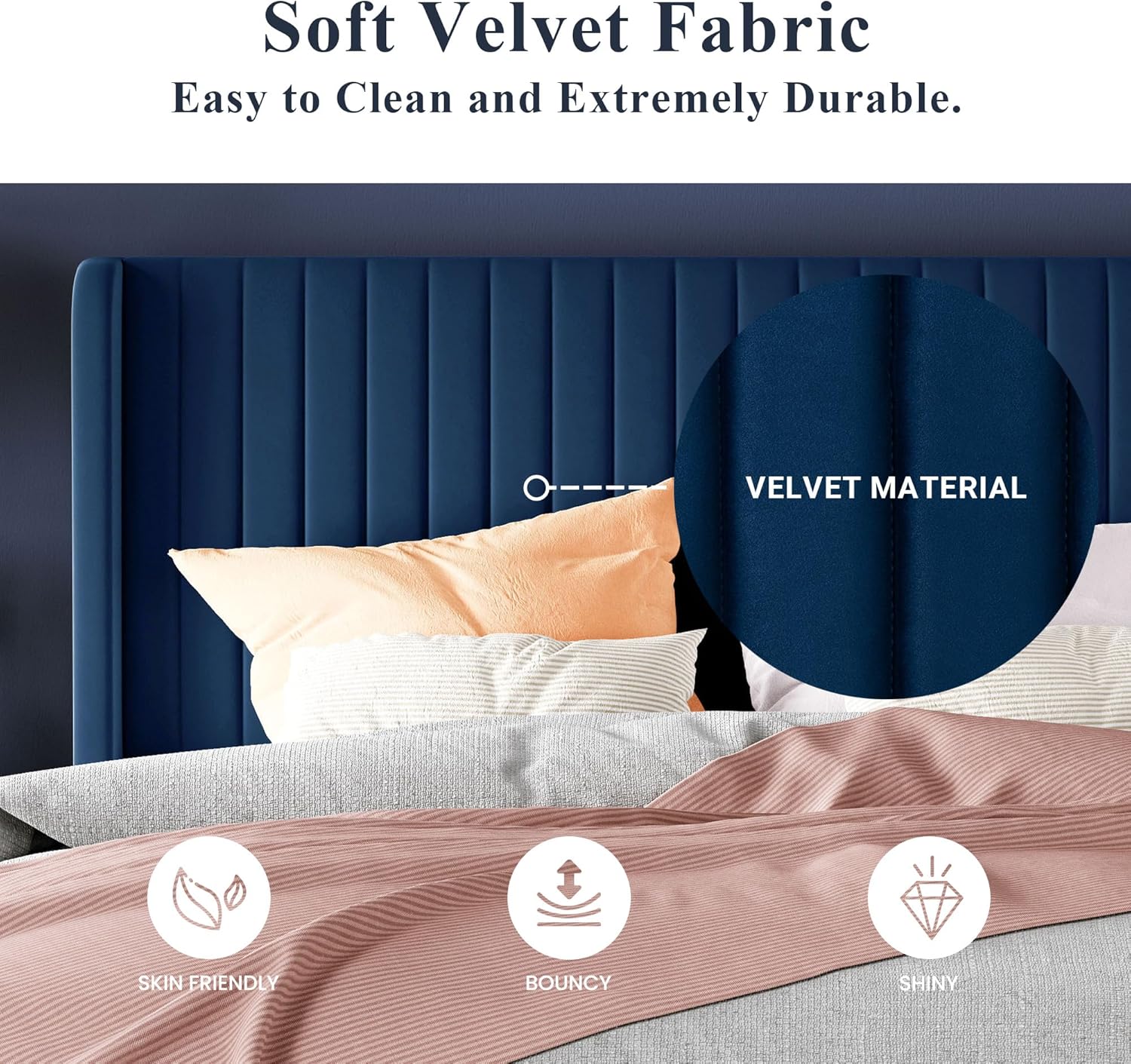 Cadre de lit Allewie en velours pleine grandeur/tête de lit capitonnée à oreilles verticales/lit plateforme rembourré/lattes en bois robustes