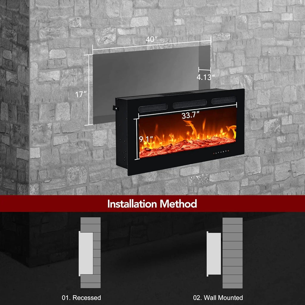 EUHOMY Cheminée électrique encastrée et murale de 50 pouces avec couleur de flamme réglable, chauffage de cheminée avec télécommande, cheminée linéaire avec minuterie, écran tactile, bûche et cristal, 750/1500 W