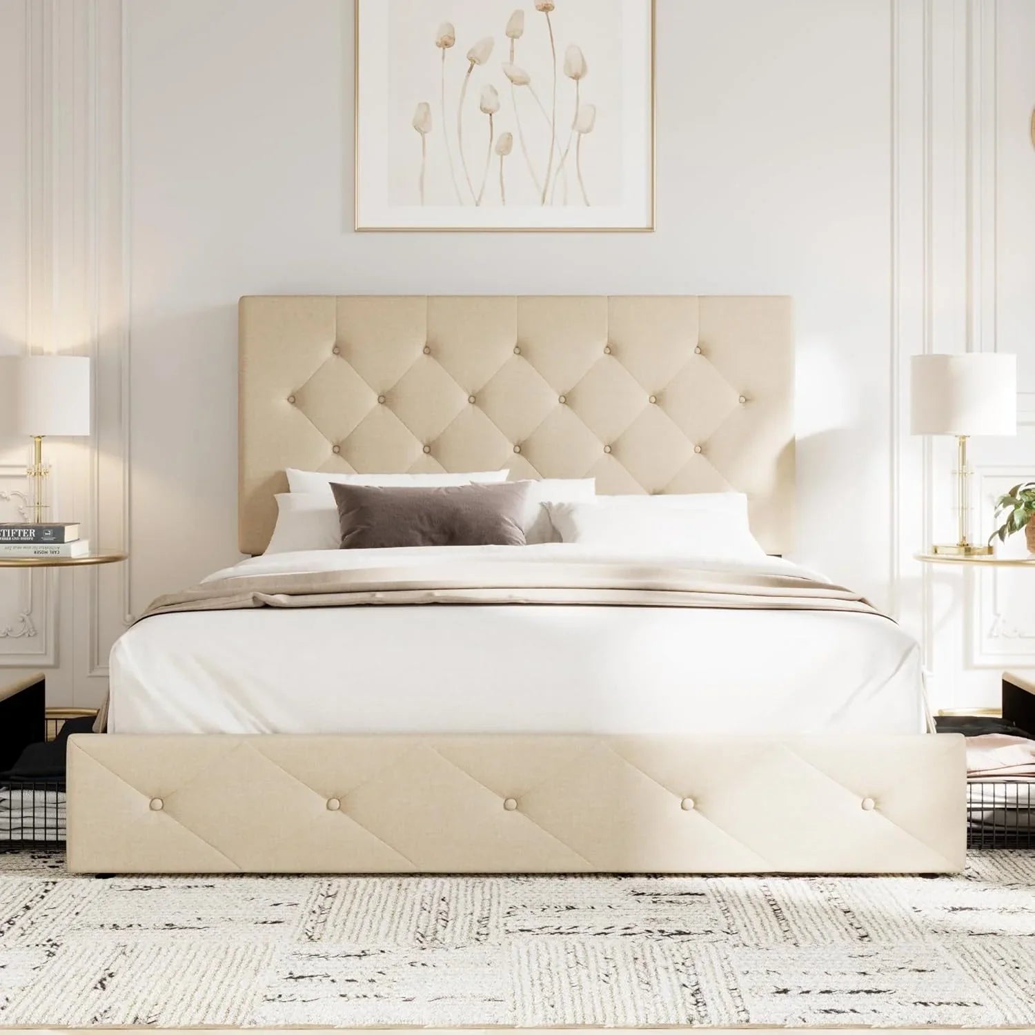 Cadre de lit plateforme Allewie rembourré Queen Size avec 4 tiroirs de rangement et tête de lit, capitonné à boutons à coutures carrées, sommier à lattes en bois, pas besoin de sommier.