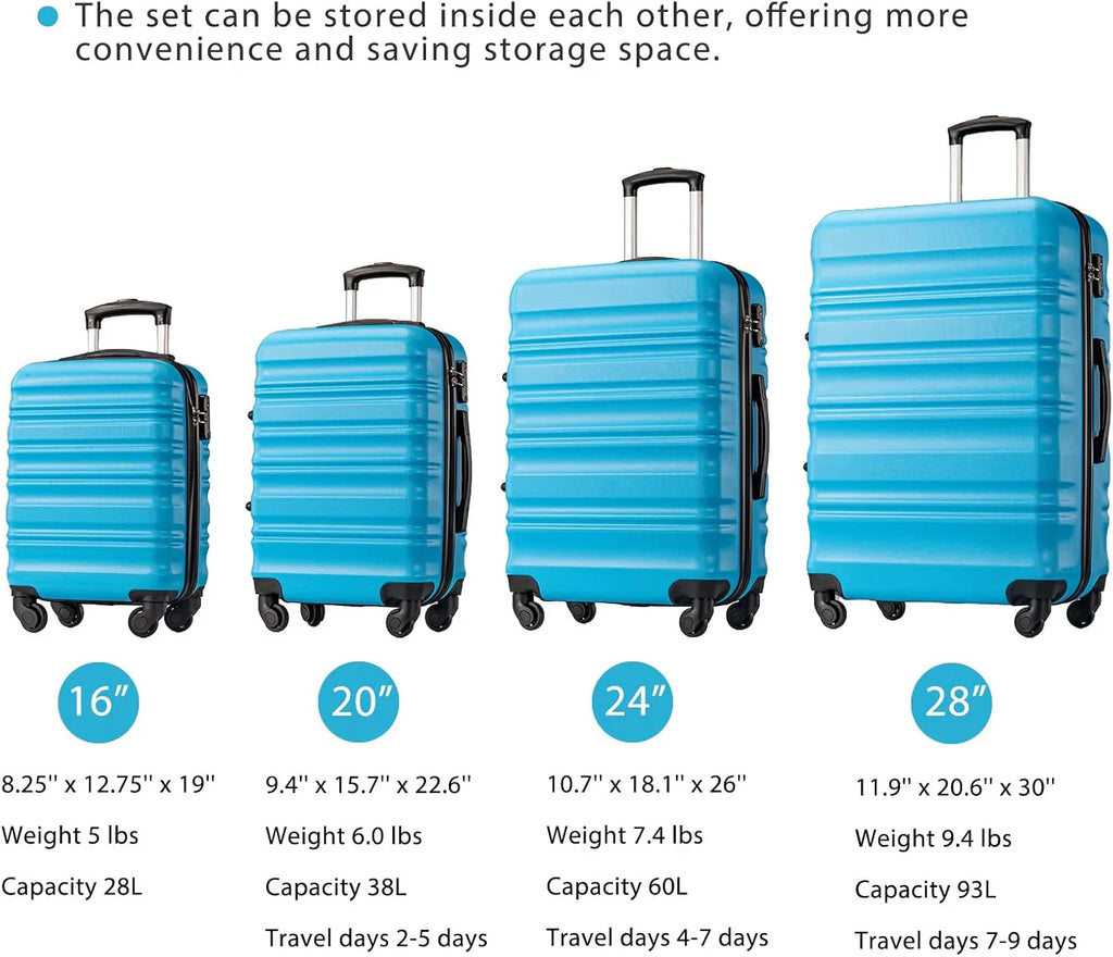 Ensemble de bagages LONG VACANCES 6 pièces : valise cabine rigide en ABS et PC, roulettes pivotantes et fermeture éclair YKK, cadenas TSA