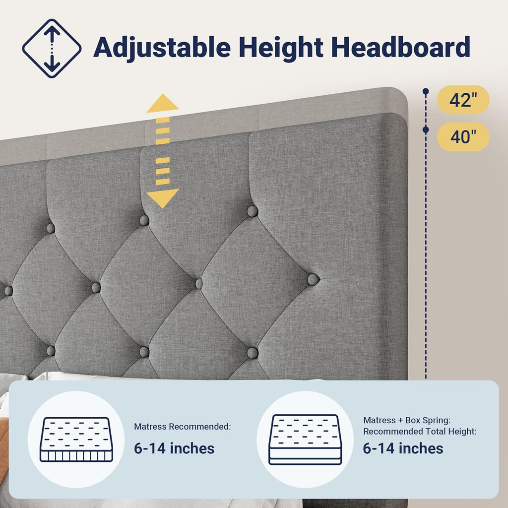 Cadre de lit plateforme Allewie rembourré Queen Size avec 4 tiroirs de rangement et tête de lit, capitonné à boutons à coutures carrées, sommier à lattes en bois, pas besoin de sommier.