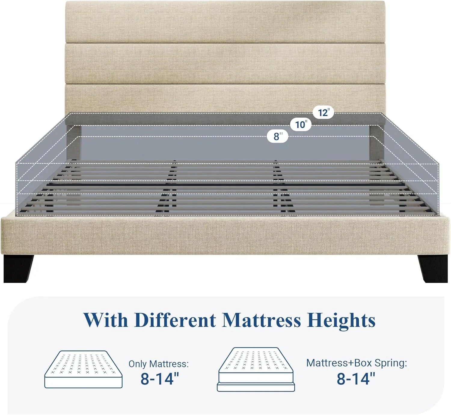 Cadre de lit plateforme Allewie Queen Size avec tête de lit rembourrée en tissu et support à lattes en bois, sommier entièrement rembourré (pas besoin de sommier)
