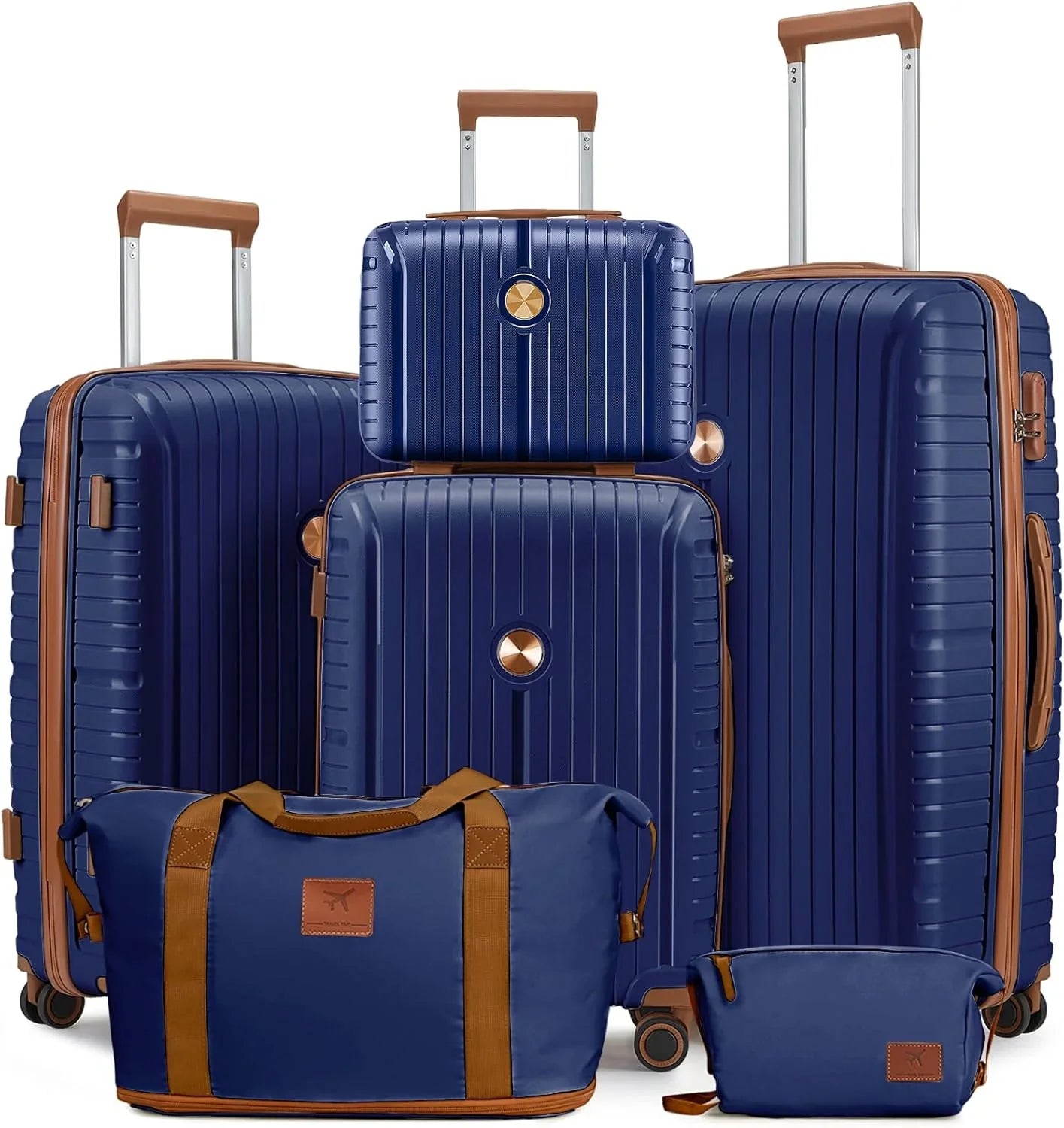 Ensemble de 5 valises de voyage légères à coque rigide en PP avec deux roulettes pivotantes et serrure TSA