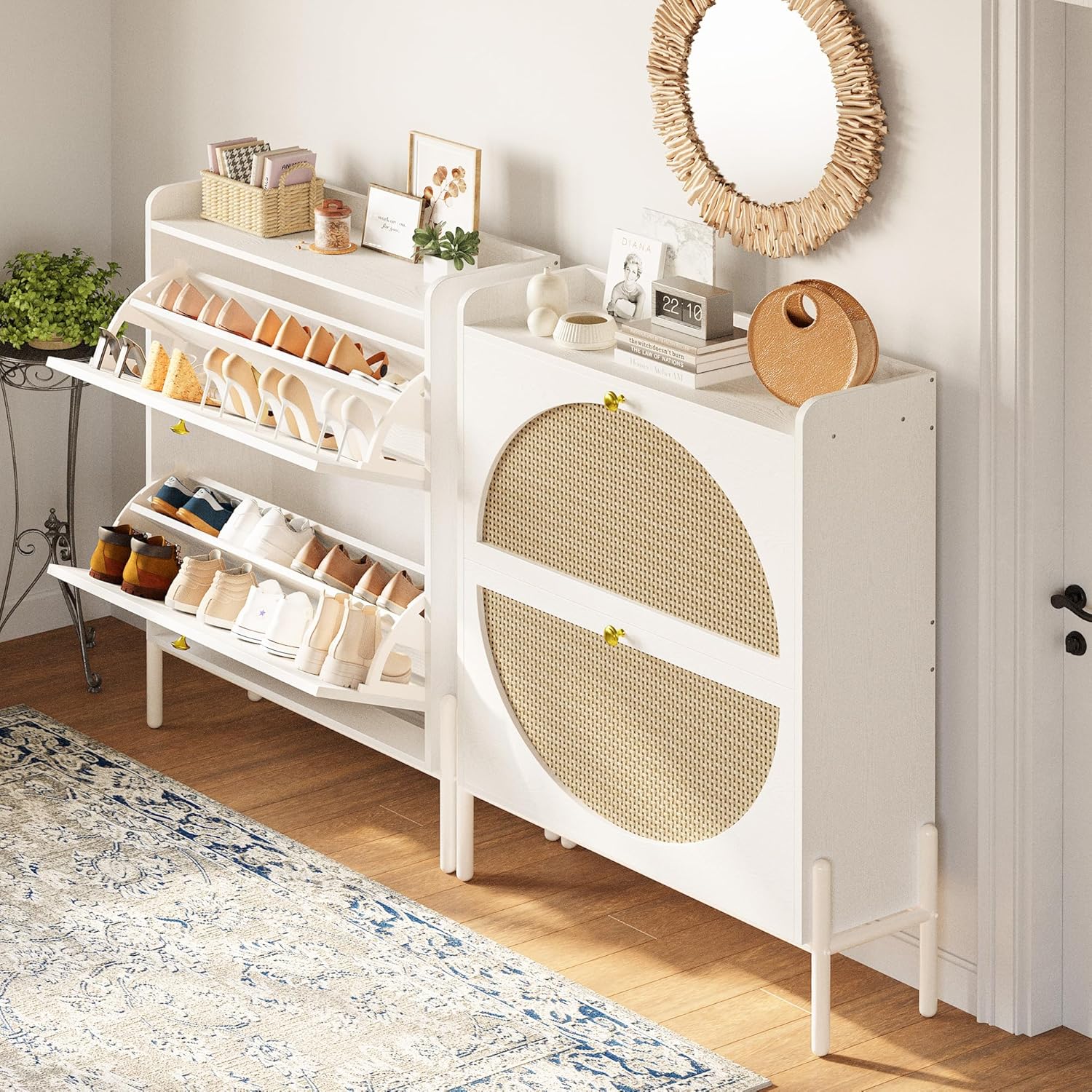 Meuble à chaussures IRONCK avec 2 tiroirs rabattables, meuble de rangement à chaussures indépendant en bois