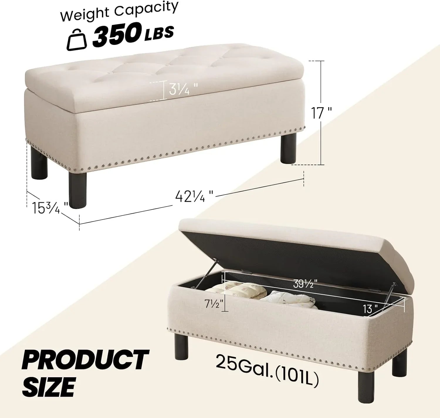Tabouret de rangement moderne Furniliving, tabouret de bout de lit en bois massif Sherpa, tabouret rembourré tabouret d'intérieur