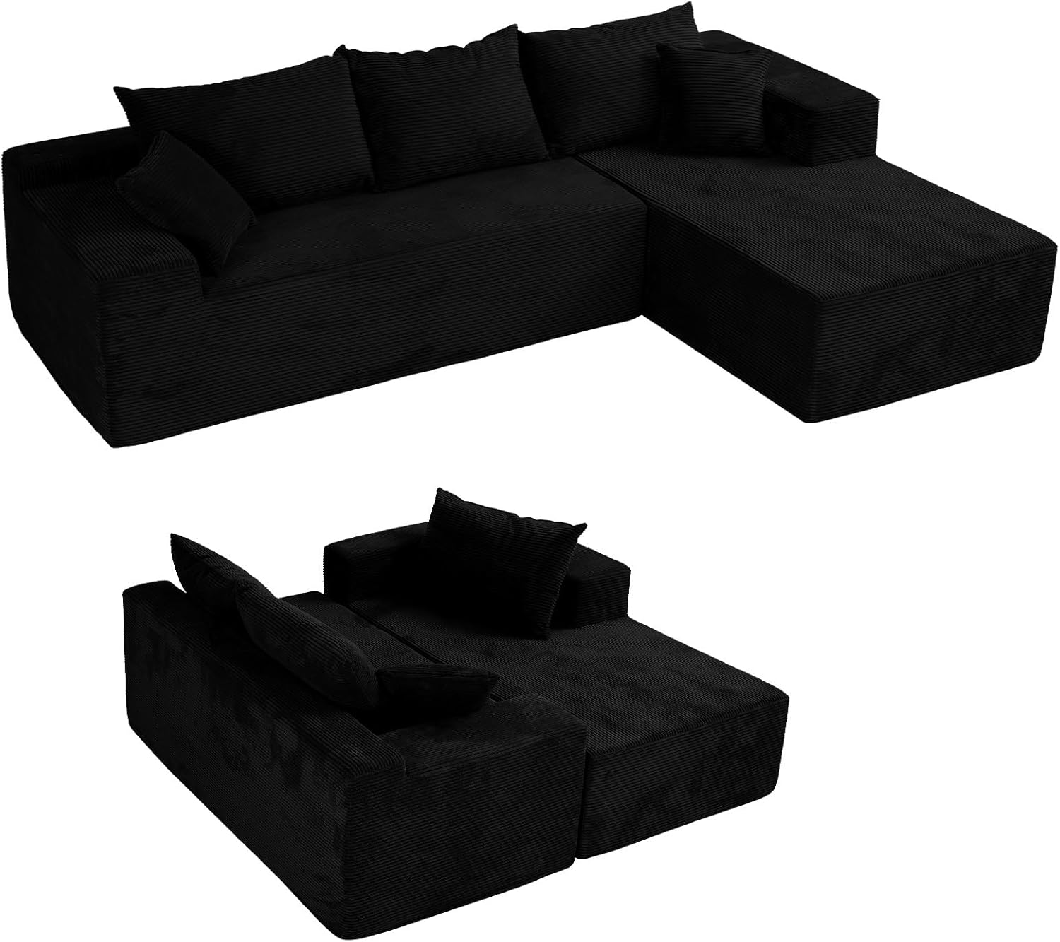 Cloud sofa with L-shaped lounge chair, modern modular sofa with deep seats