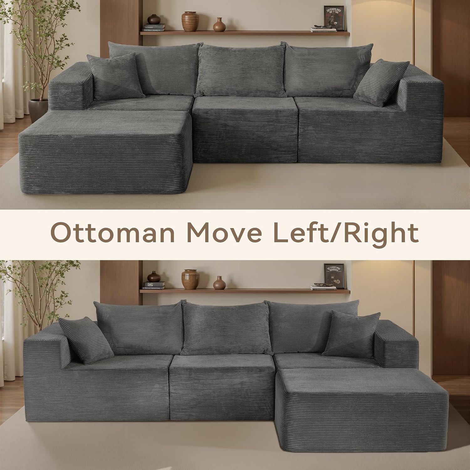 Cloud sofa with L-shaped lounge chair, modern modular sofa with deep seats