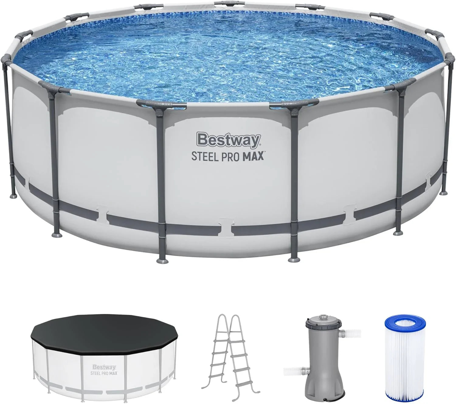 Piscine hors sol extérieure ronde Steel Pro MAX de 4,2 m x 122 cm avec cadre métallique et pompe de filtration de 1 000 litres, échelle et bâche