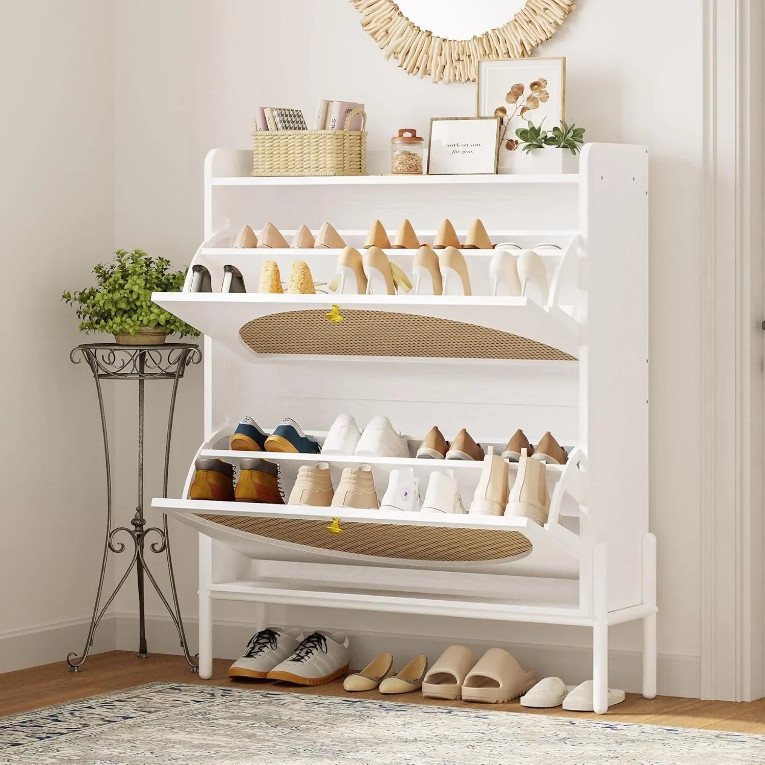 Meuble à chaussures IRONCK avec 2 tiroirs rabattables, meuble de rangement à chaussures indépendant en bois