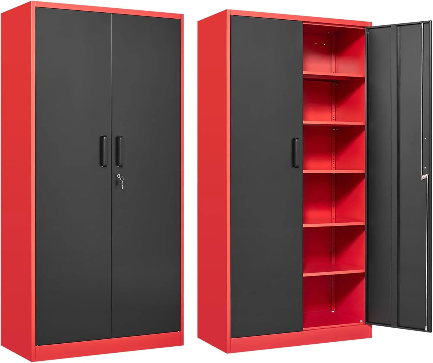 Armoire de rangement en métal avec 2 portes et 6 étagères, armoire en métal noir avec serrure, armoire de rangement verrouillable pour garage de 71 pouces