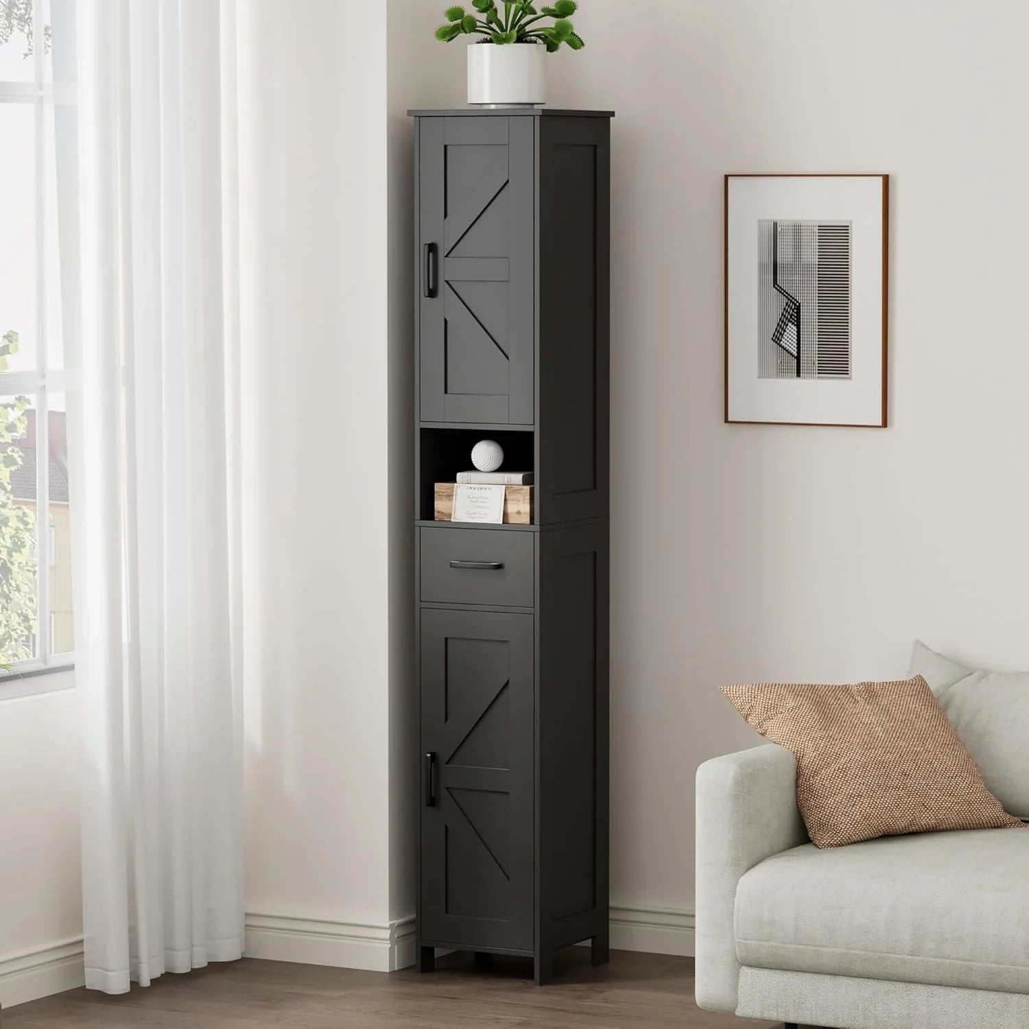 Meuble de rangement de salle de bain Homhedy de 67 po de hauteur avec 2 portes de grange et 1 tiroir