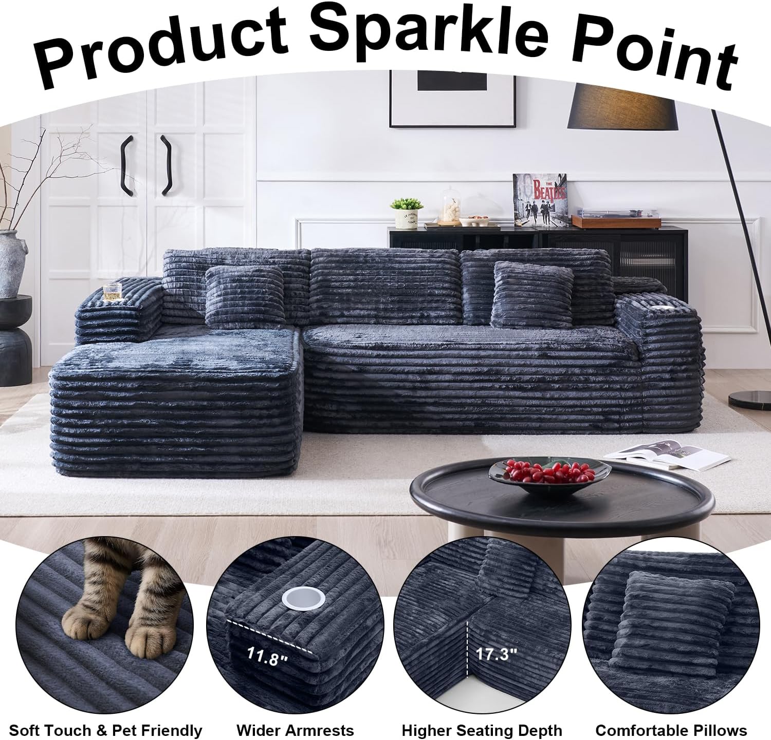 Canapé sectionnel Cloud avec méridienne en L, canapé modulaire moderne avec assise profonde, porte-gobelet intégré et poche de rangement