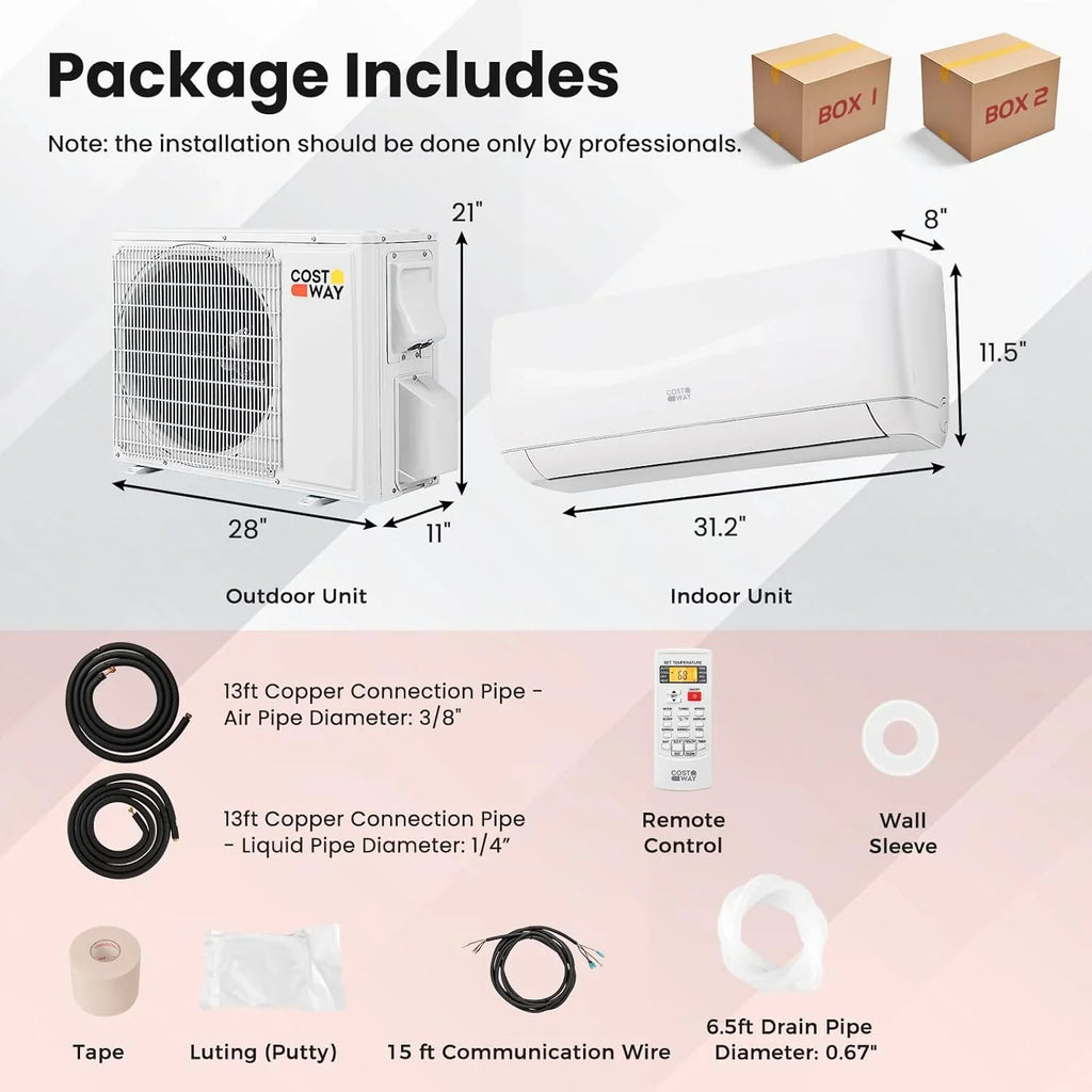 Climatiseur et chauffage mini-split Costway 12 000 BTU, 20 SEER2 115 V, unité de climatisation murale sans conduit, refroidit les pièces jusqu'à 750 pi²