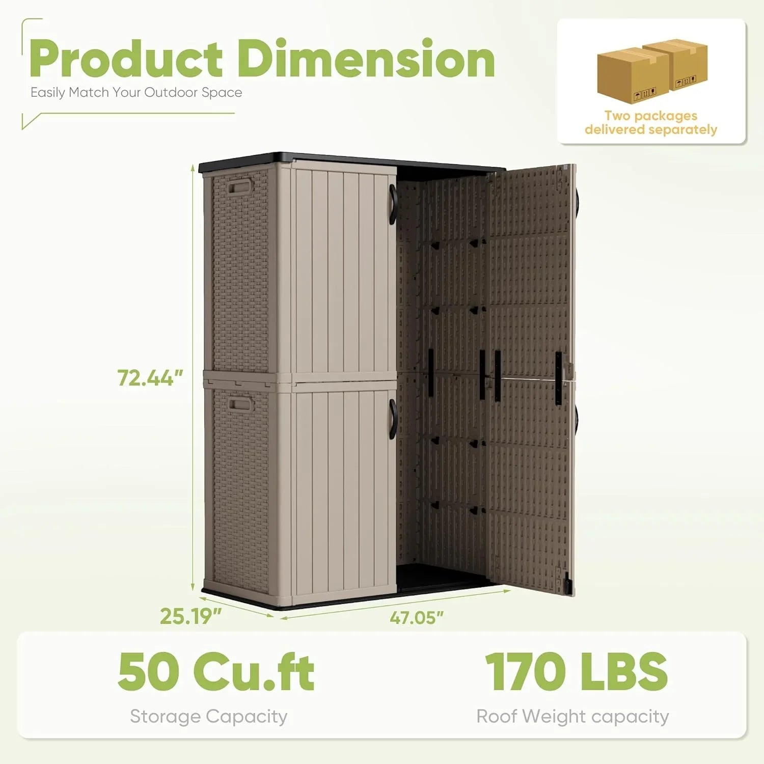 Armoire de rangement extérieure Devoko 26 pi³ avec portes verrouillables, abri de rangement horizontal, boîte de rangement étanche pour outils de patio