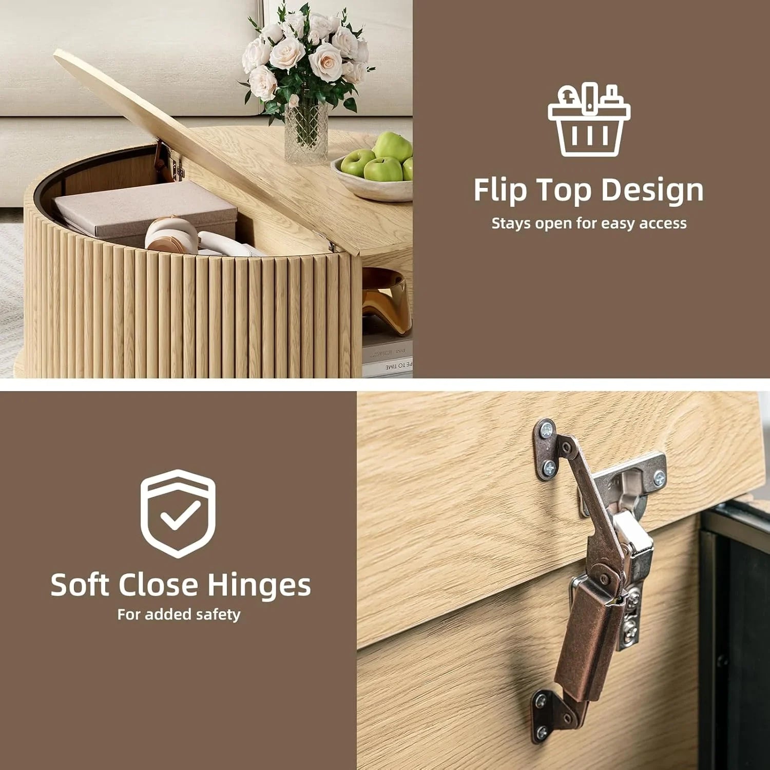 Table basse ronde avec rangement, table centrale encastrée avec portes coulissantes