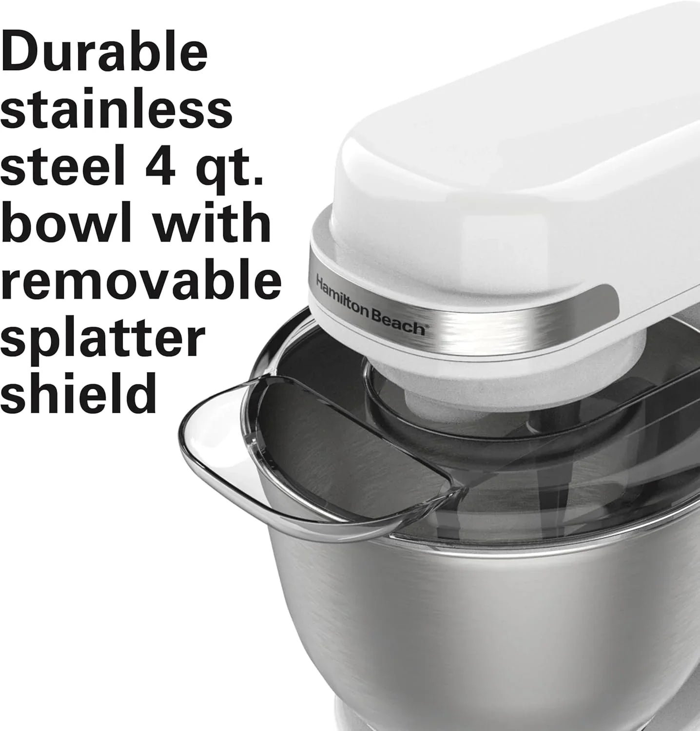 Batteur sur socle électrique Hamilton Beach, 4 litres, crochet pétrisseur, batteur plat, protection anti-éclaboussures, 7 vitesses avec fouet