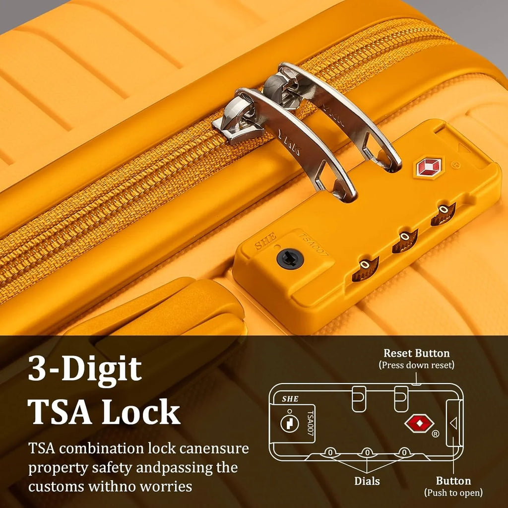 Ensemble de 5 valises de voyage légères à coque rigide en PP avec deux roulettes pivotantes et serrure TSA