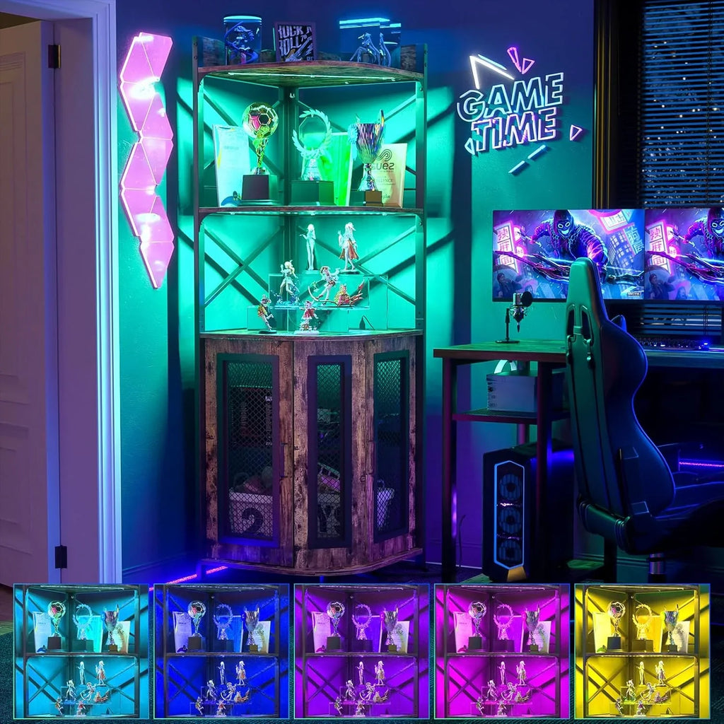 Meuble bar d'angle avec prise de courant, armoire à vin de style industriel avec bande lumineuse LED et support à verres, meuble bar à vin à cinq niveaux pour la maison, vitrine d'angle pour petit espace