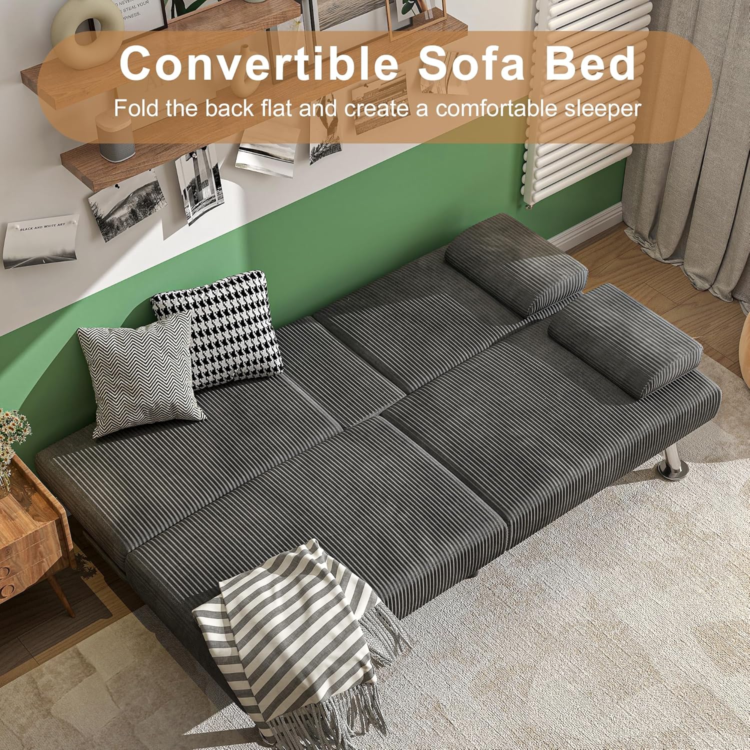 Canapé-lit futon convertible et pliable en lin moderne Shahoo avec accoudoirs amovibles, pieds en métal et 2 porte-gobelets pour le salon