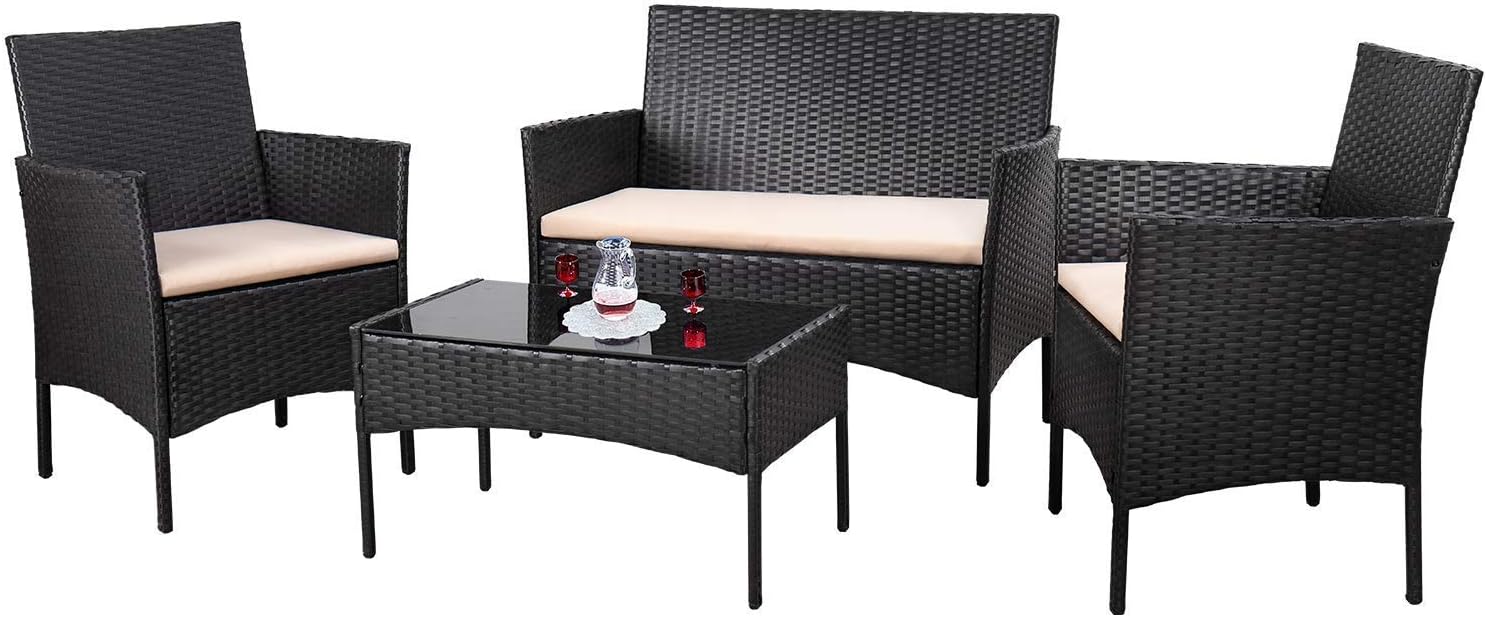 Ensemble de meubles de patio extérieur 4 pièces, ensemble de chaises en rotin et osier