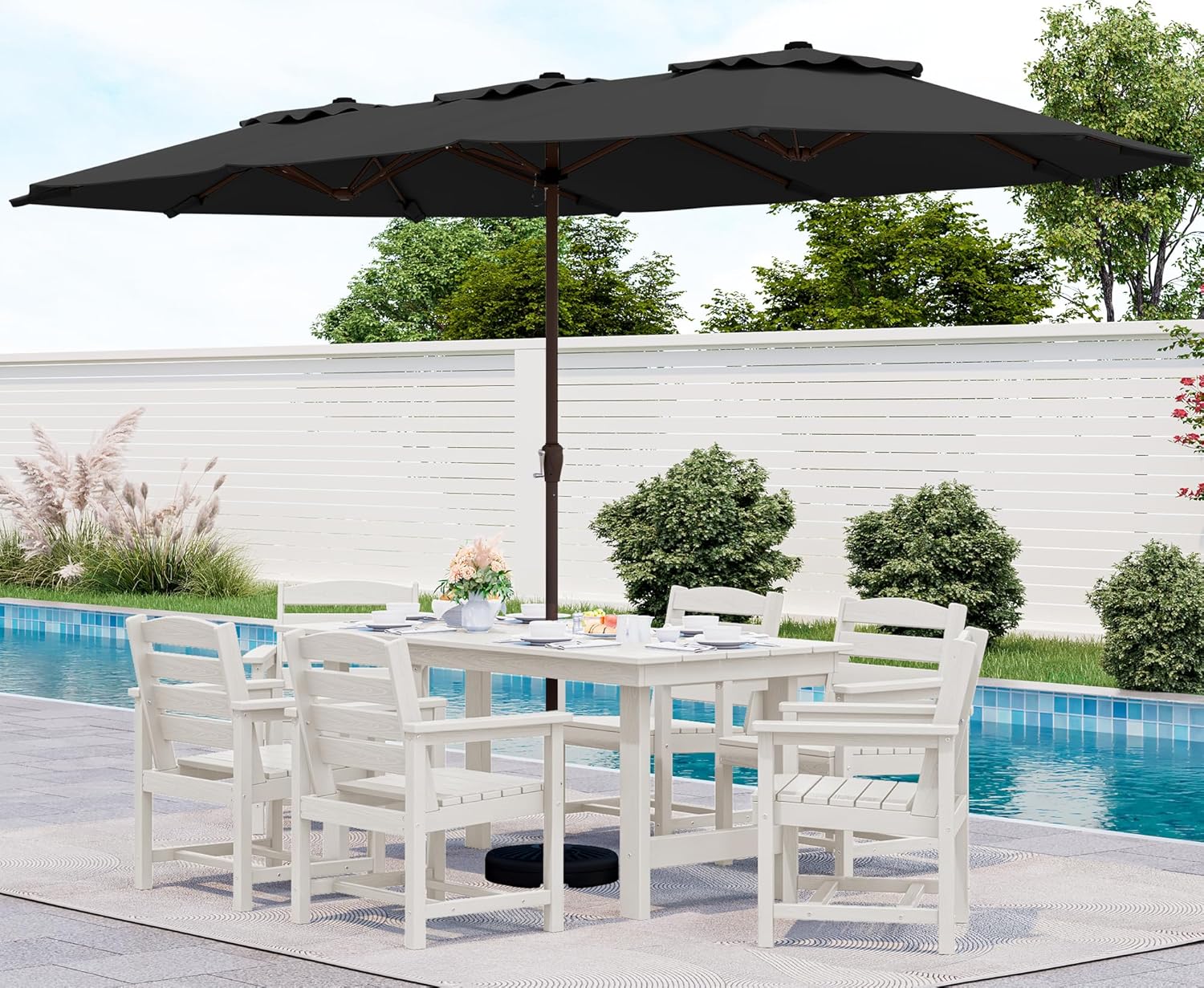 Ensemble de salle à manger d'extérieur en PEHD, 7 pièces, avec table découpée pour parasol et 6 chaises